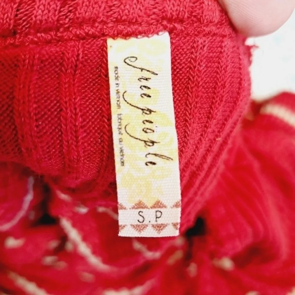 Free People Stop Sign‎ Red & Beige Stripe Waffle Knit Thermal Thrashed Raw Hem